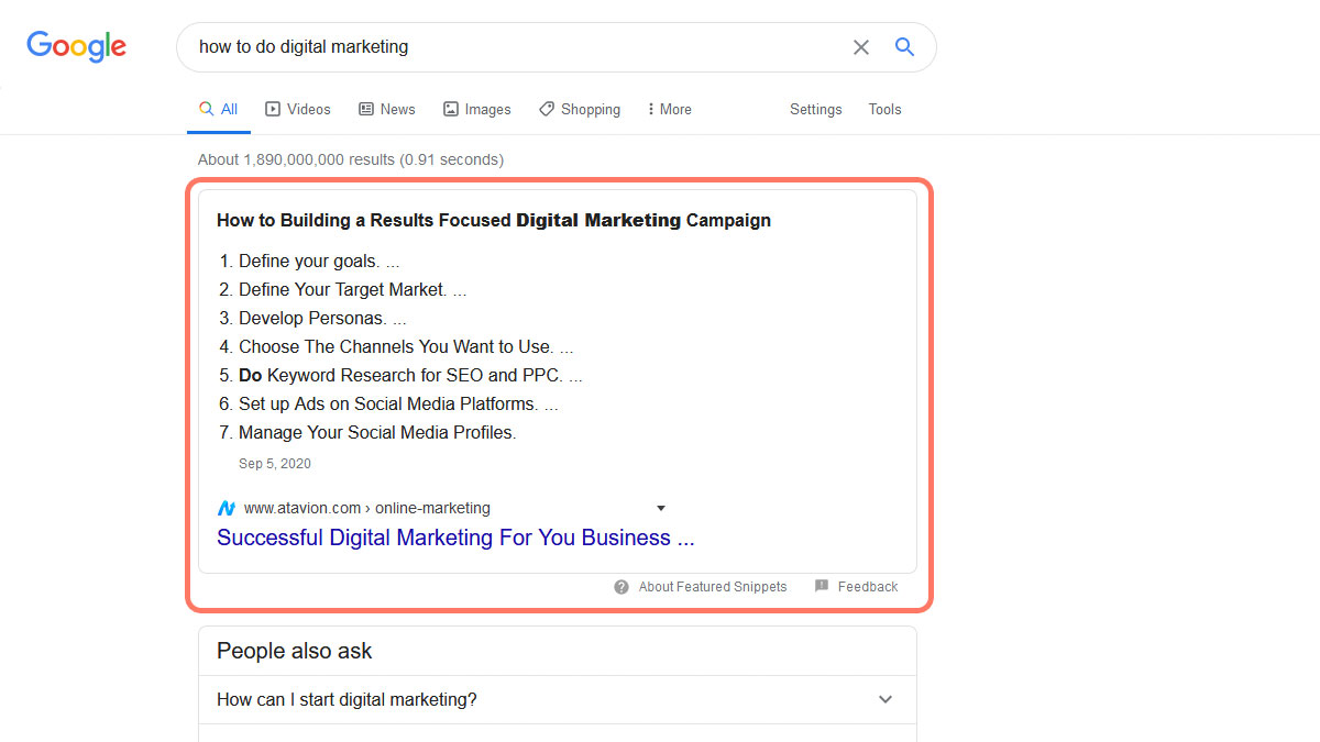 Content Marketing Featured Snippet